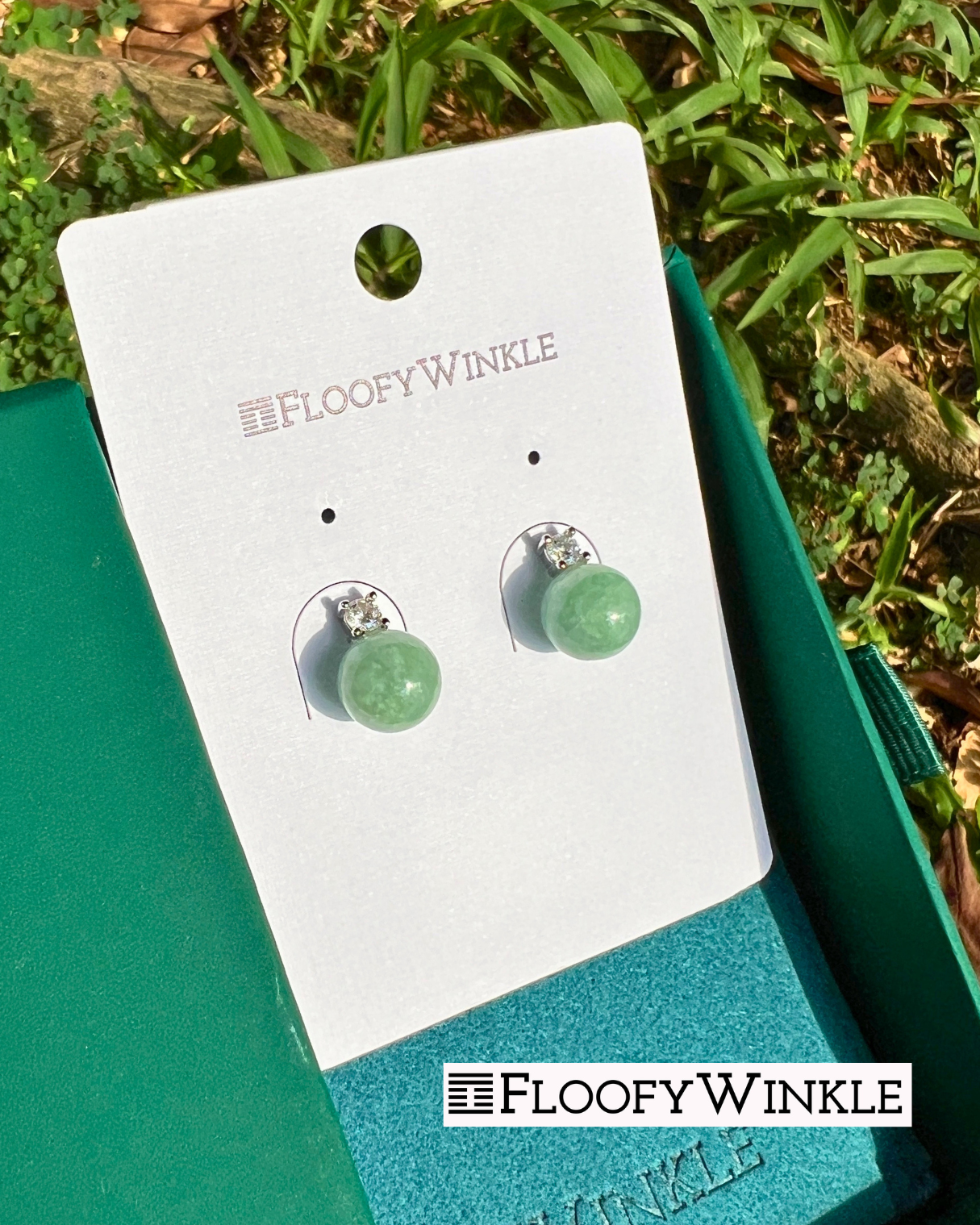 FloofyWinkle Gloria Round Jadeite Earrings With Cubic Zirconia Studs A