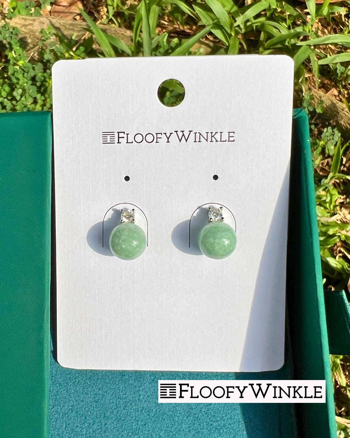 FloofyWinkle Gloria Round Jadeite Earrings With Cubic Zirconia Studs B