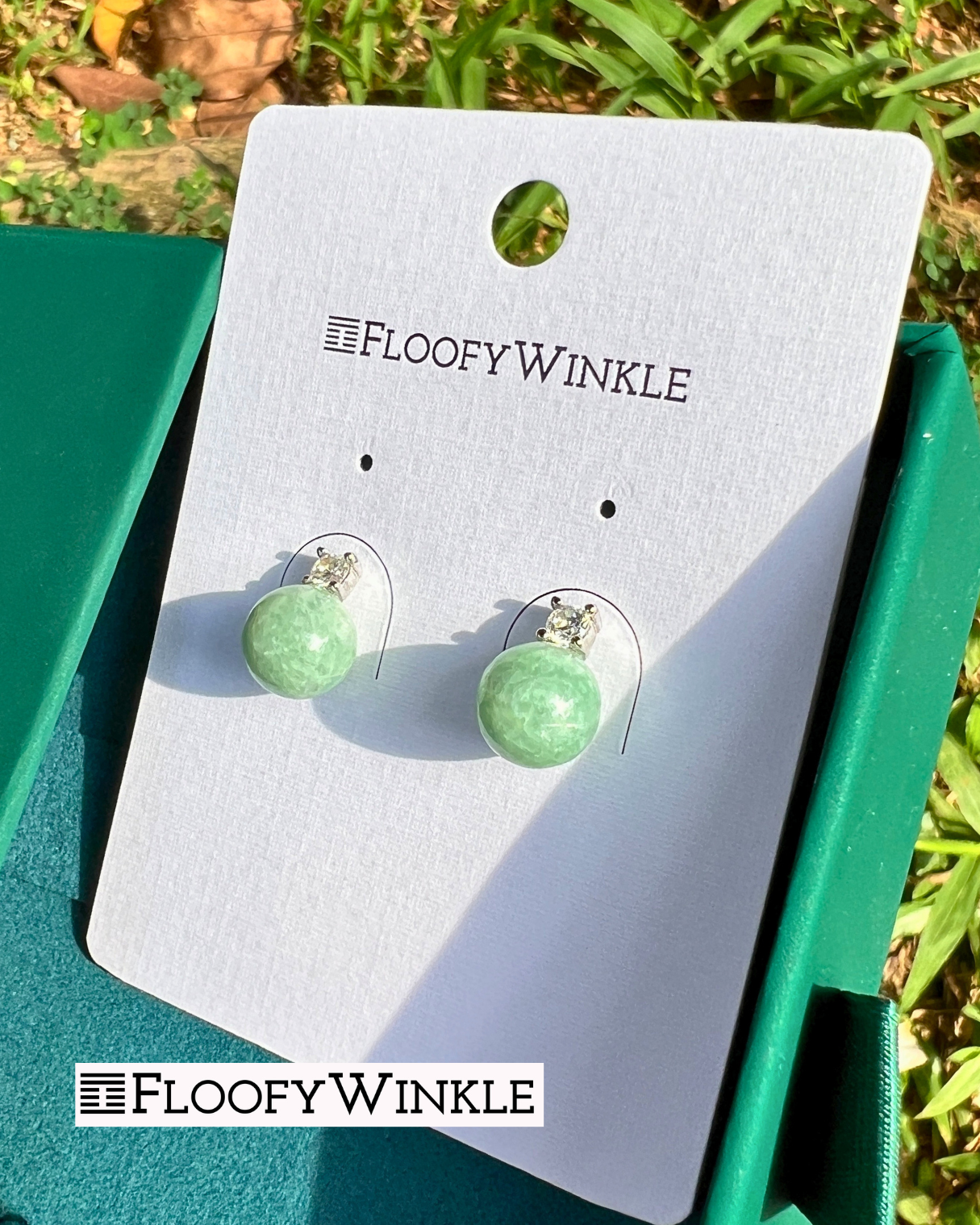 FloofyWinkle Gloria Round Jadeite Earrings With Cubic Zirconia Studs C